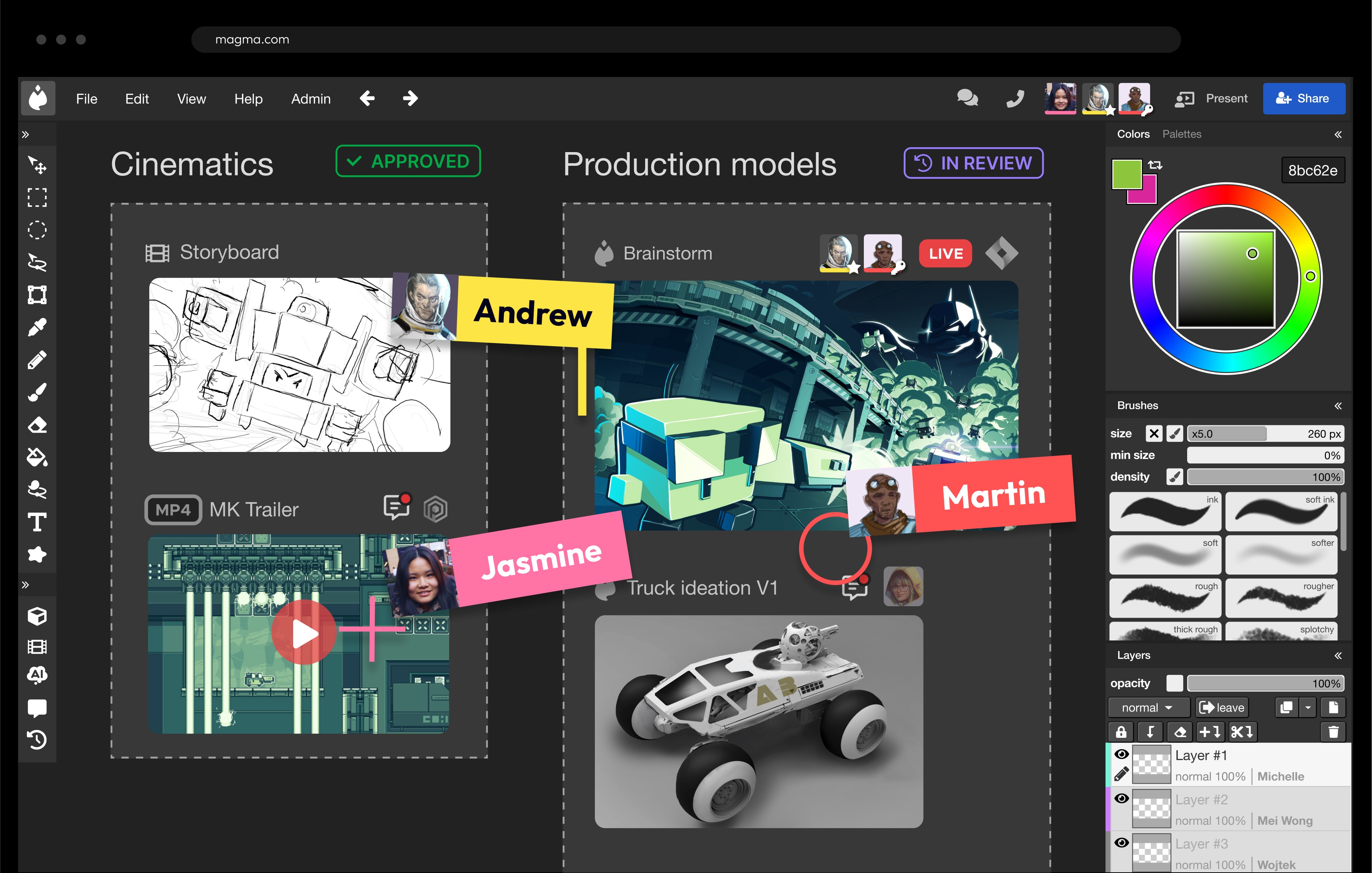 Collaborative digital workspace interface showing storyboard, trailer, and 3D model previews with user avatars Andrew, Jasmine, and Martin actively commenting on a creative project