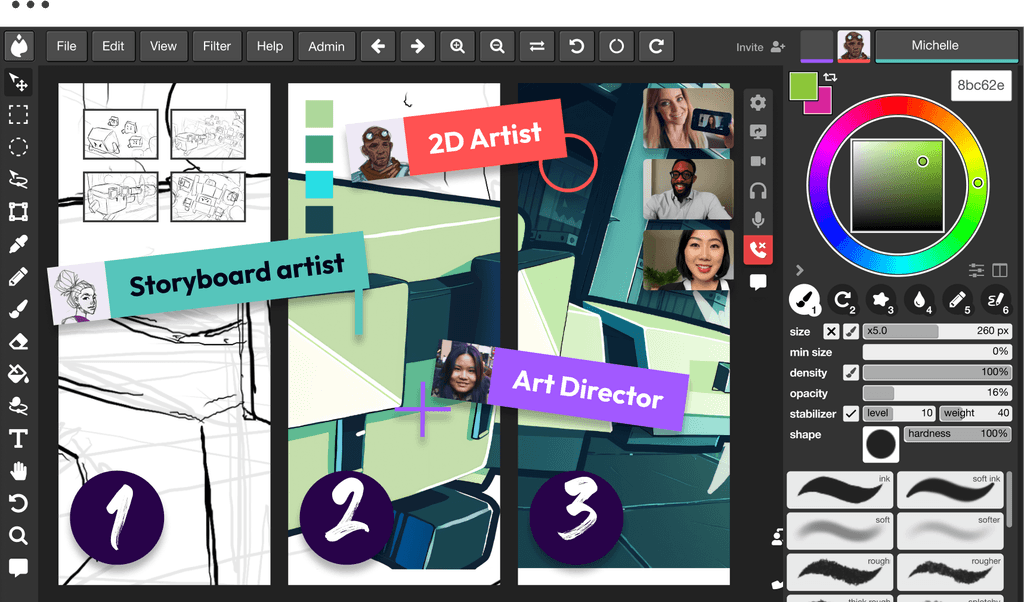 A three-stage design interface labeled 1, 2, 3, with contributions from a Storyboard Artist, 2D Artist, and Art Director. Each collaborator is identified by their avatar and name, with tool controls and color palette visible on the right.