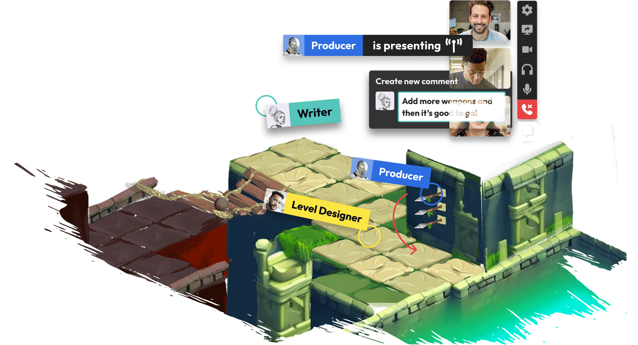 A medieval-themed game environment where multiple team roles — Writer, Producer, and Level Designer — collaborate through comments and video chat to discuss in-game changes.