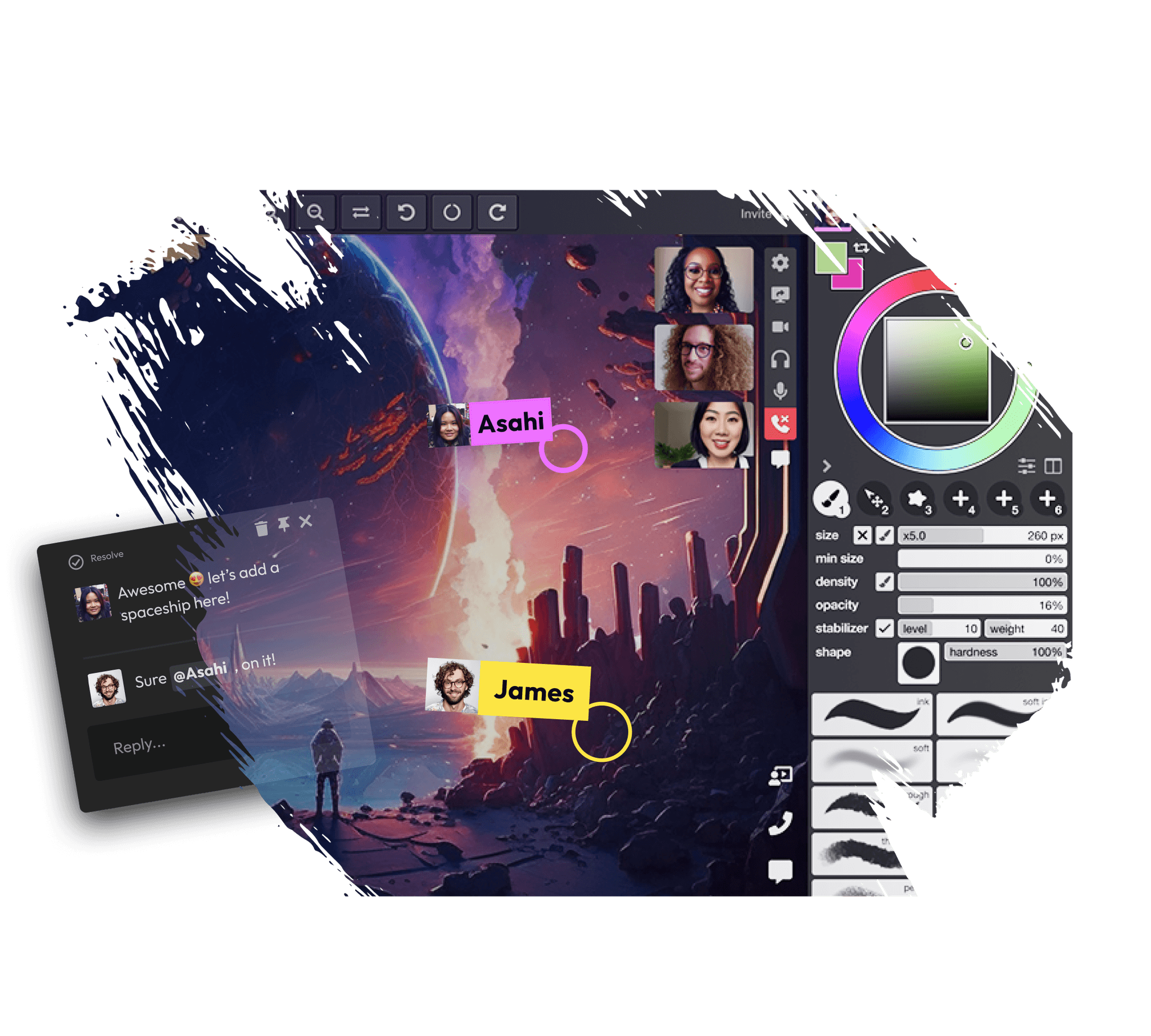 A cosmic illustration being edited collaboratively by team members labeled Asahi and James, featuring chat interactions and a visible drawing tool palette.